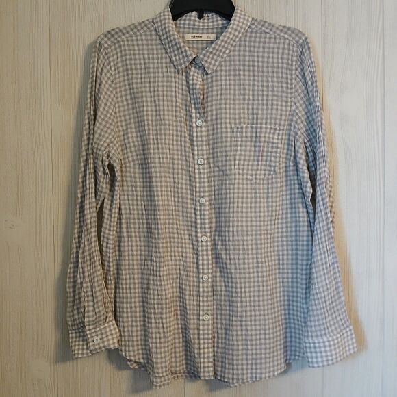 Old Navy Women’s Size L Gingham Button Up Shirt Gray White Long Sleeve Casual - Picture 1 of 8
